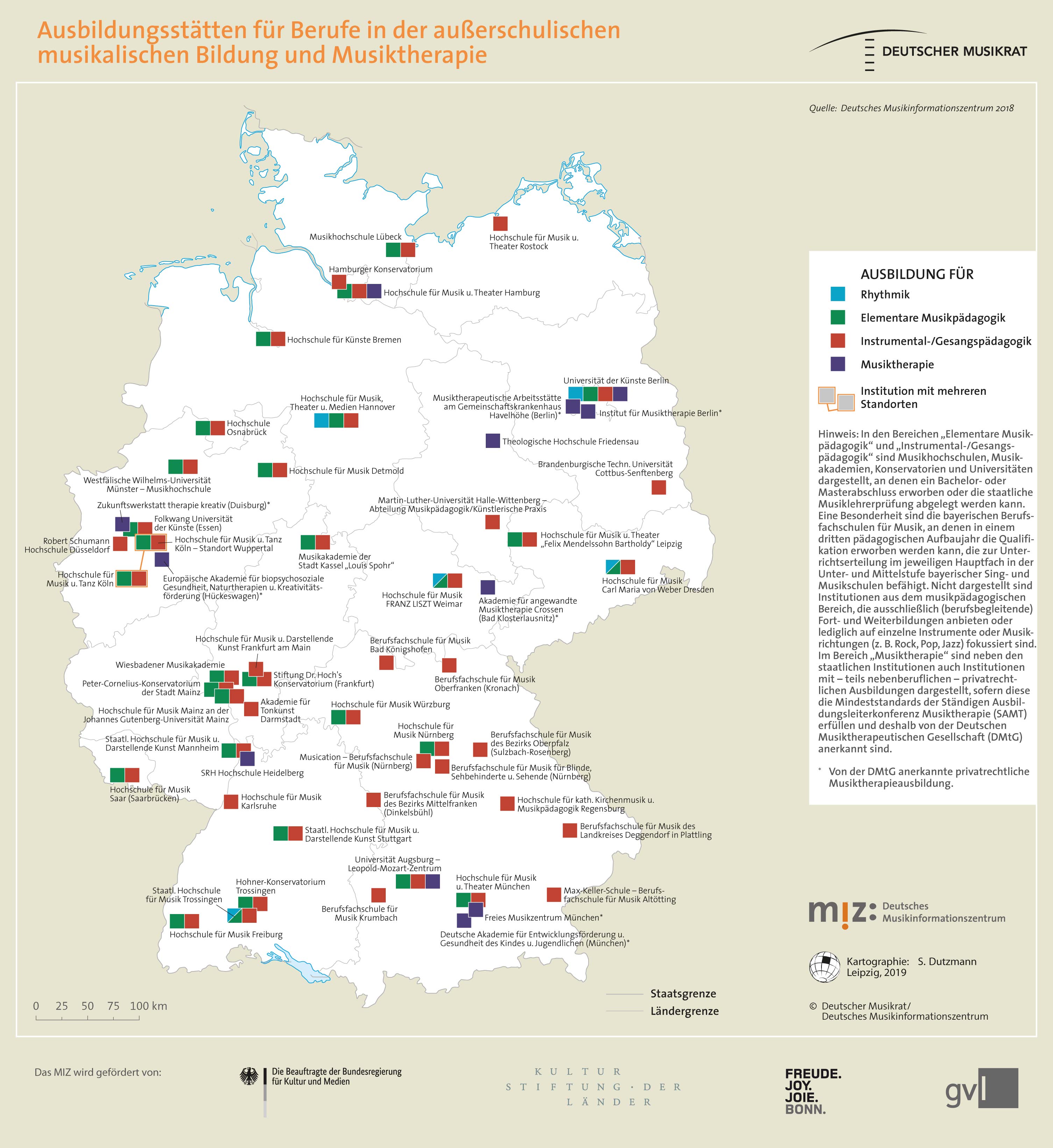 Topografie: Ausbildungsstätten für Berufe in der außerschulischen musikalischen Bildung und Musiktherapie.