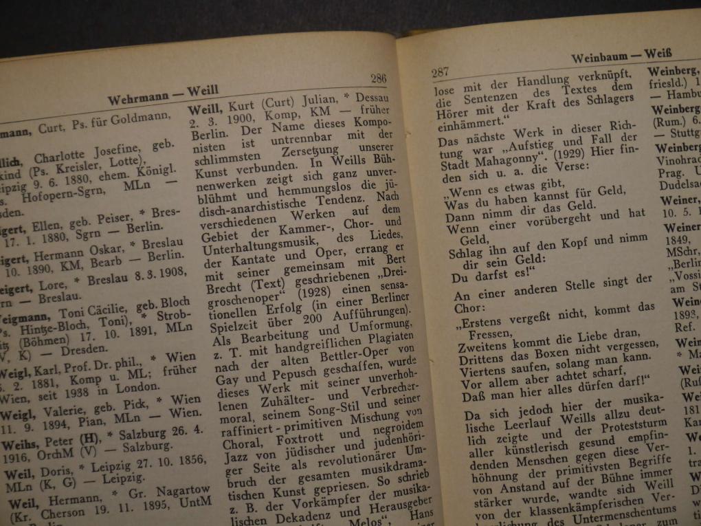 Ausschnitt aus dem "Lexikon der Juden in der Musik": In Kurt Weills Bühnenwerken zeige sich, so Stengl/Gerigk, "ganz unverblümt und hemmungslos die jüdisch-anarchische Tendenz".